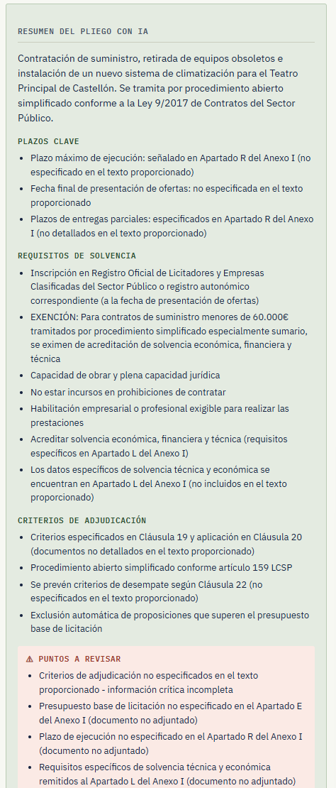 Resumen del pliego con IA, con puntos a revisar